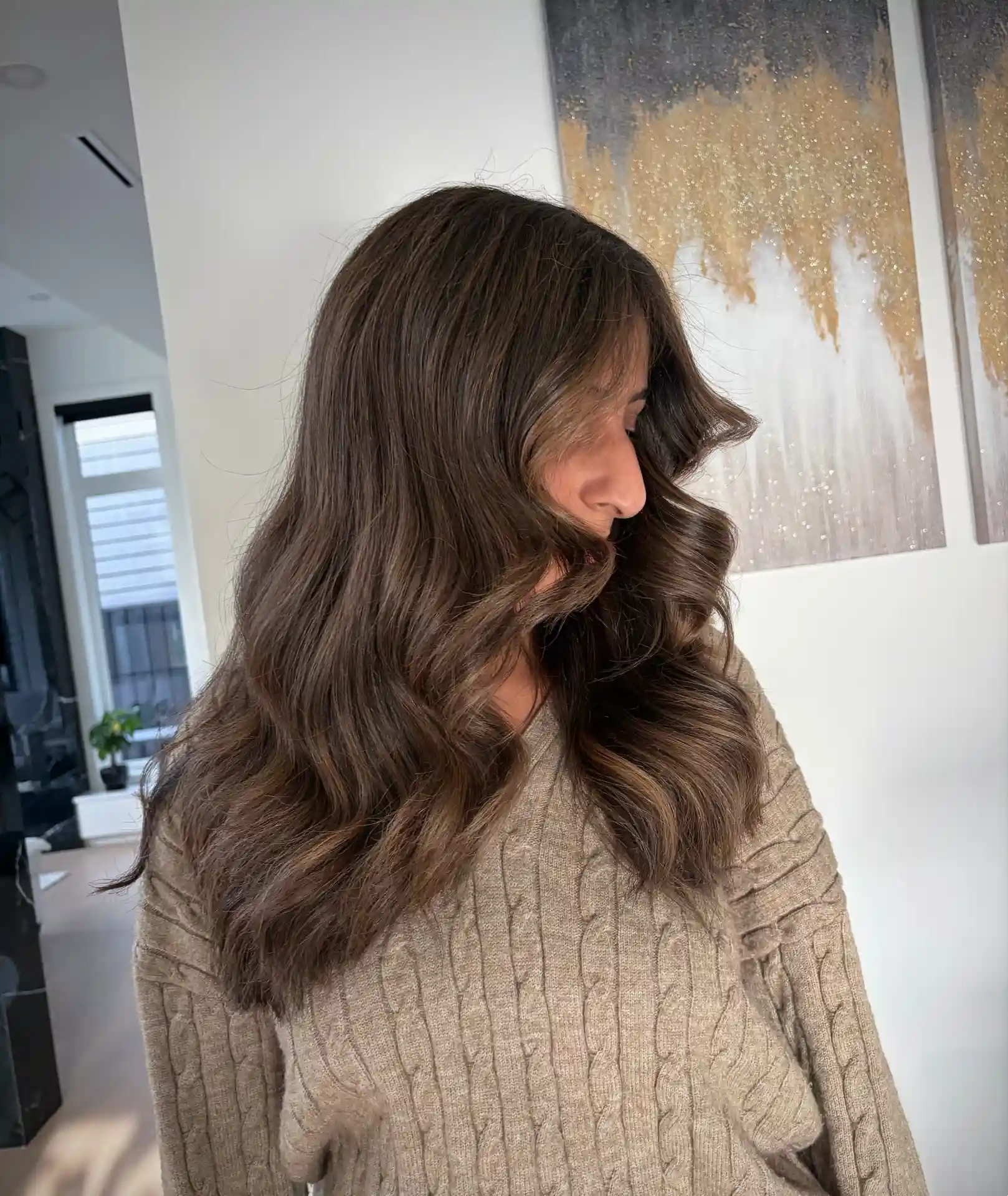 Long Chocolate Brown Layers with Soft Face Framing Waves
