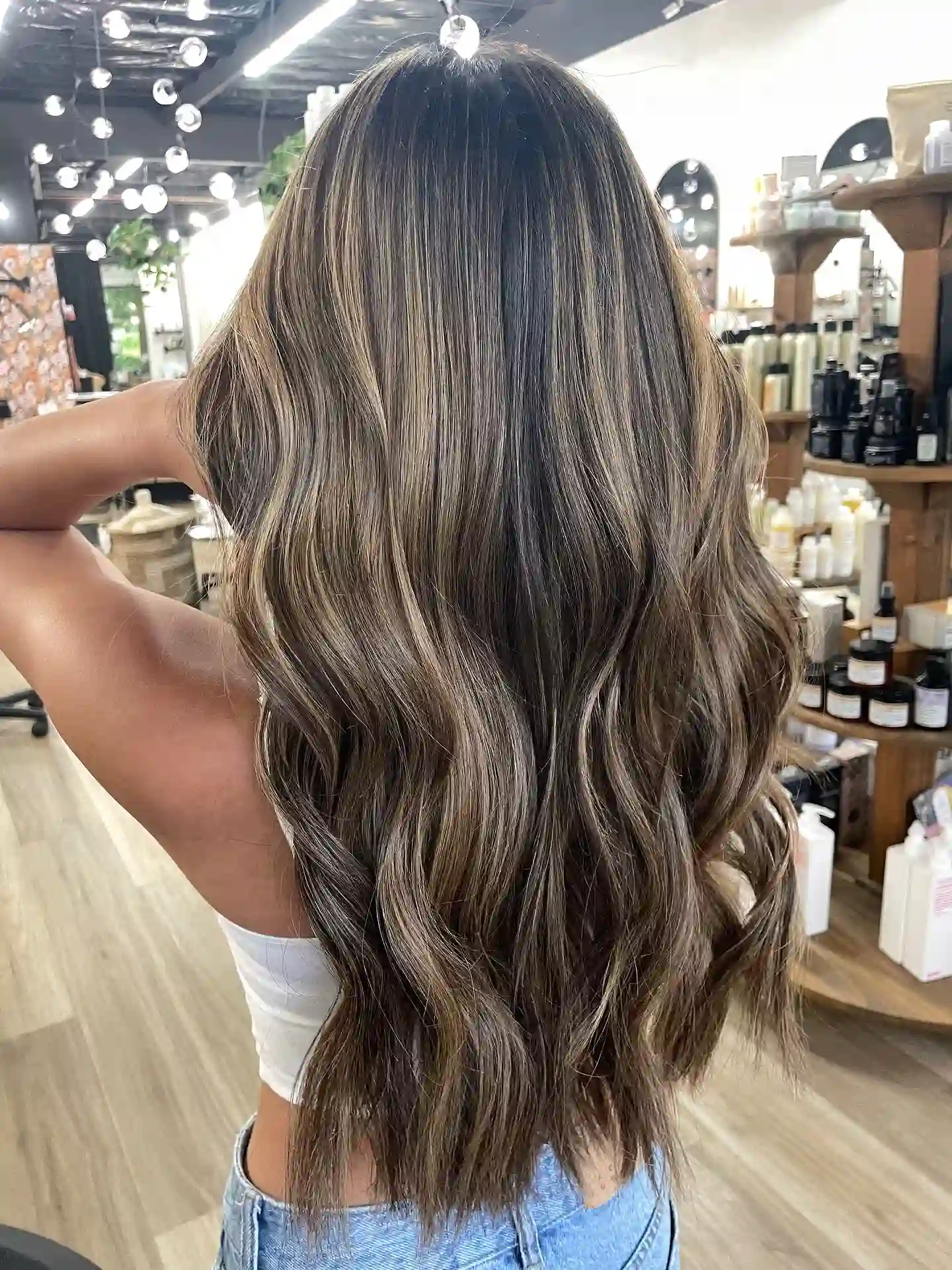 Long Espresso Brown Waves with Soft Beige Ribbons
