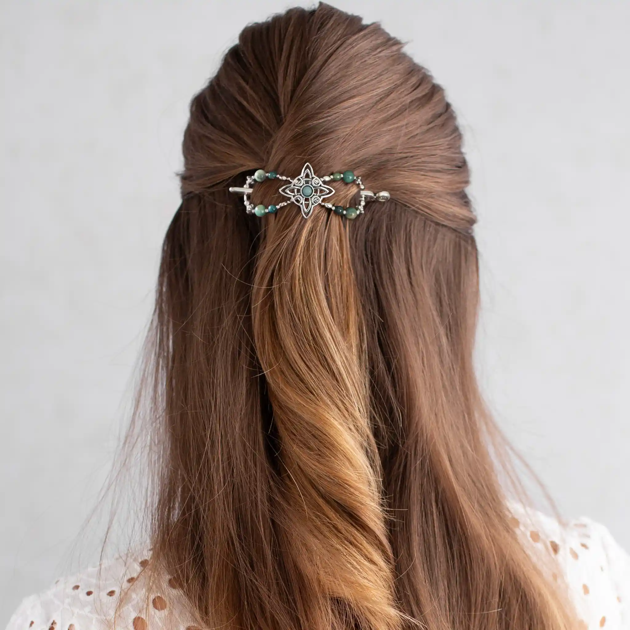 Half Up Style with Decorative Hair Stick and Soft Twist