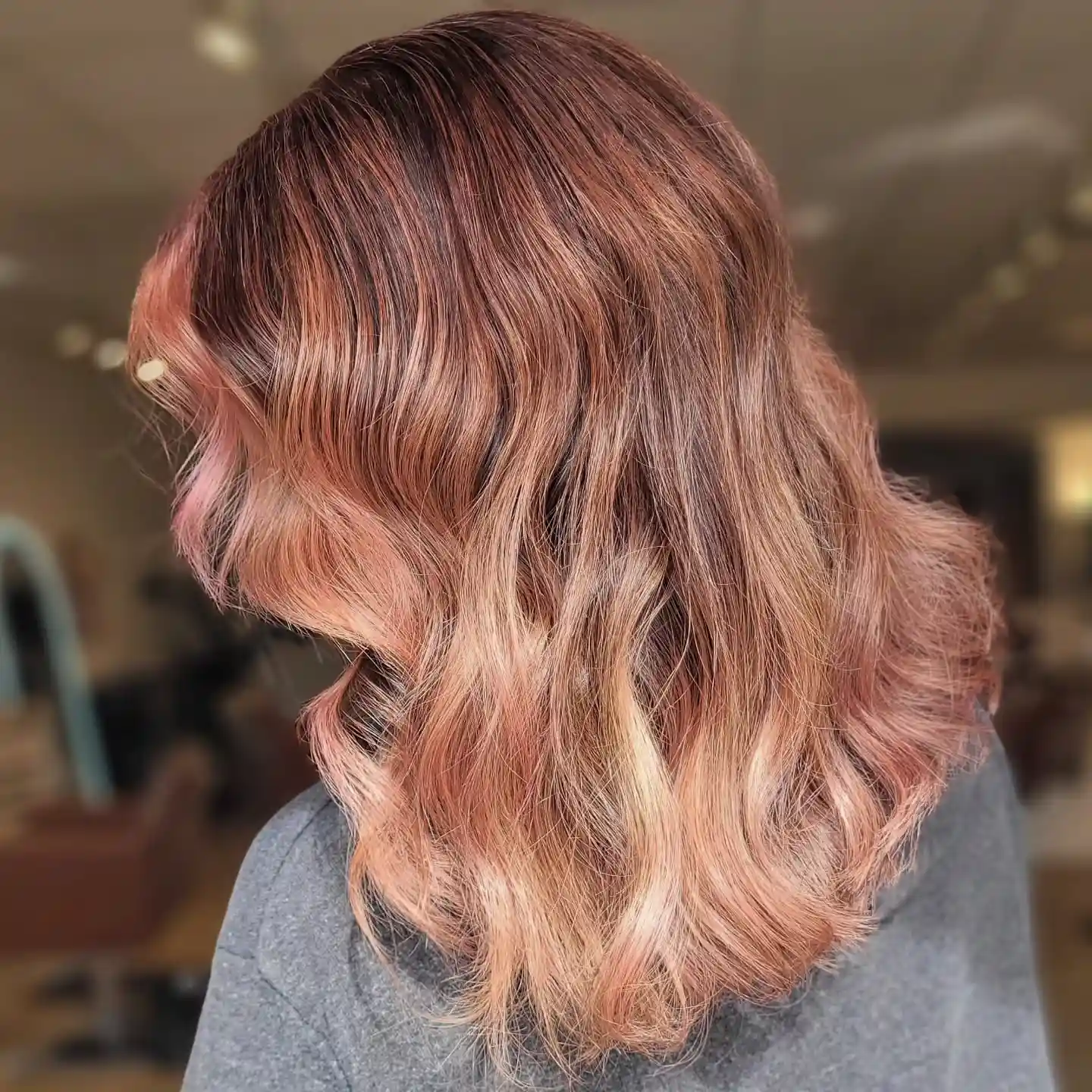 Copper Rose Shoulder Length Waves with a Smooth Crown