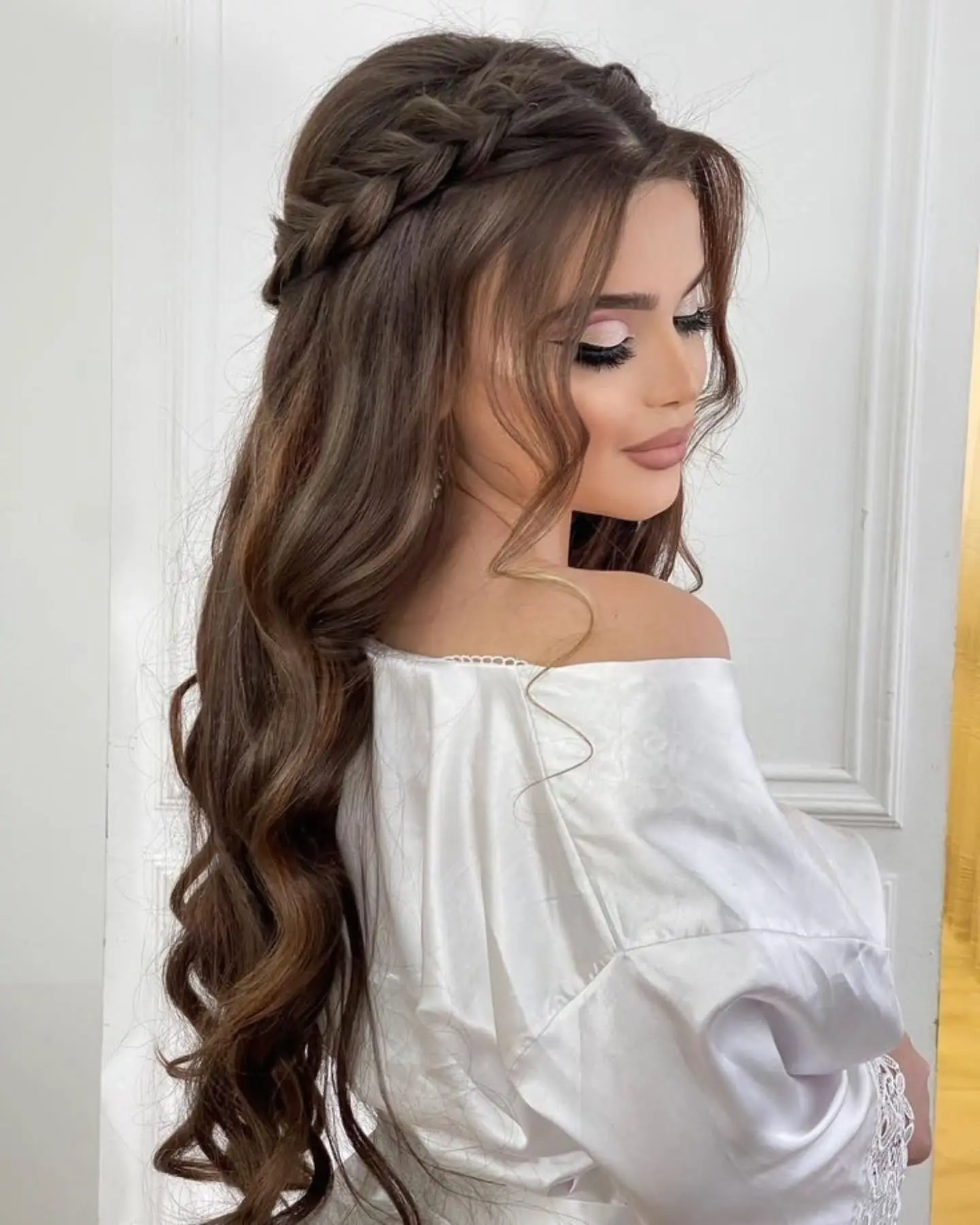 Half Up Braided Crown with Loose Romantic Waves