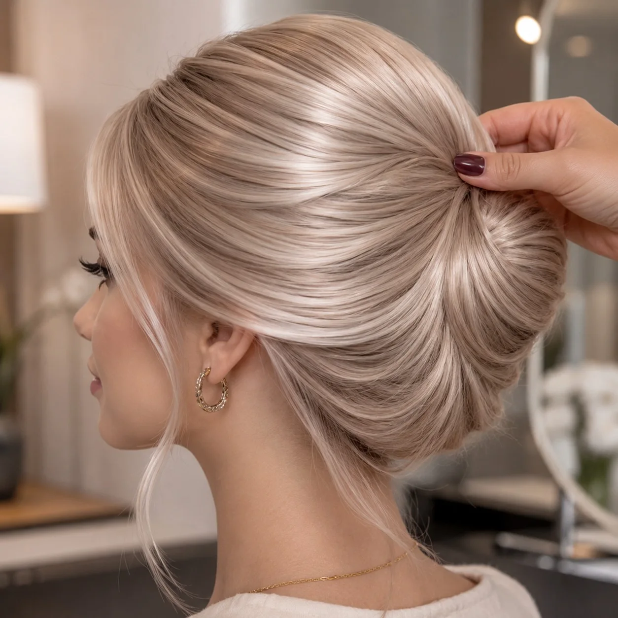  Sculpted Low Bun with Smooth Side Sweeps