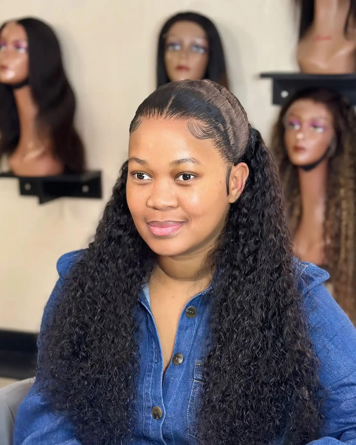 Sleek Half-Up Curly Ponytail with Defined Edges